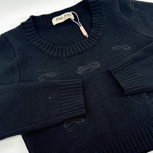 Miu Miu Made in Italy Black Knit‎ Sweater Top Embellished Cropped Long Sleeve XS